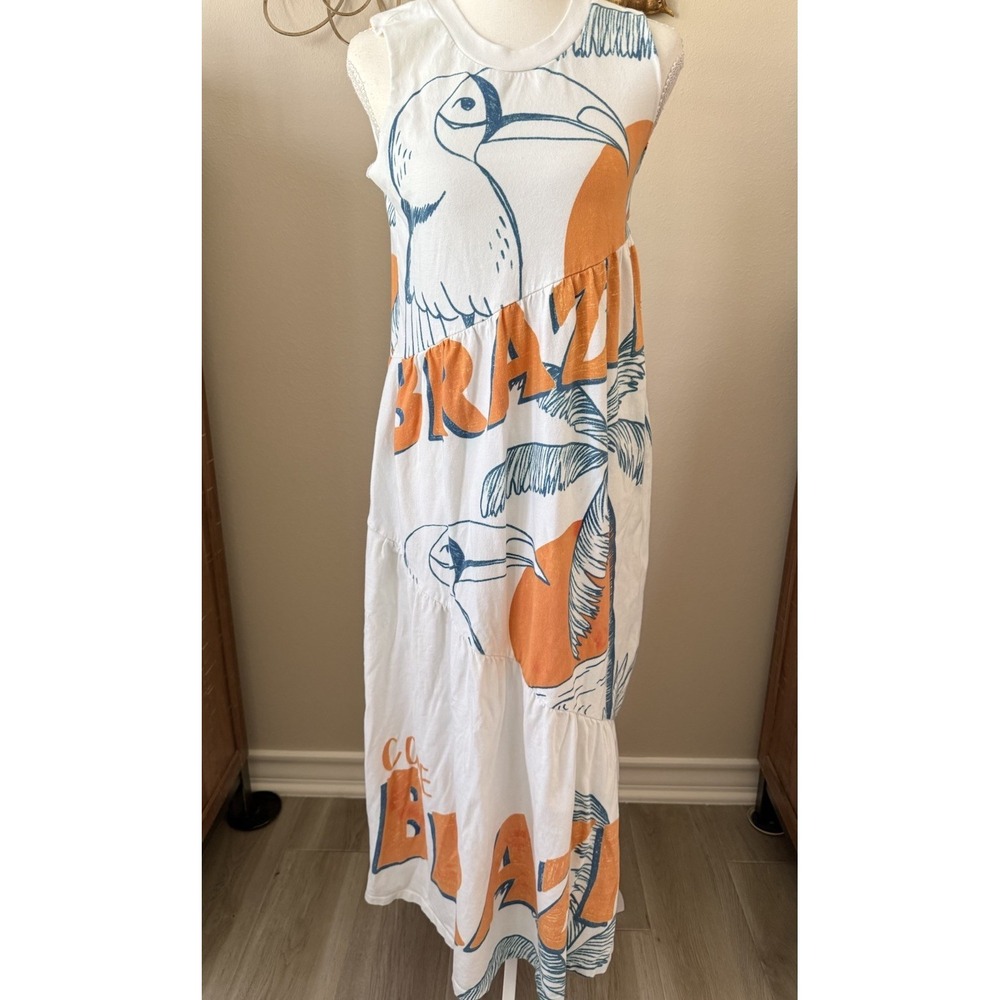 Farm Rio Brazil Toucan Graphic Maxi Dress XS Petite Color Transfer AS IS